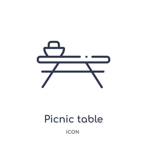 线性野餐桌与篮子图标从一般轮廓收集。细线野餐桌子与篮子图标孤立在白色的背景。野餐桌与篮子时髦的插图图片下载