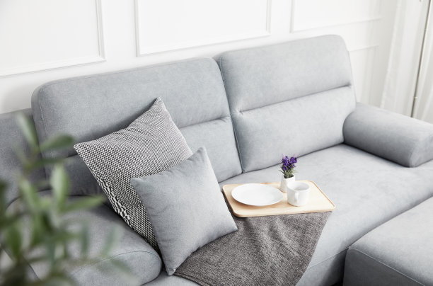 斯堪的纳维亚风格的客厅配有布质沙发、沙发桌。早晨的图像与植物。沙发上的桌子在耳架上。图片下载