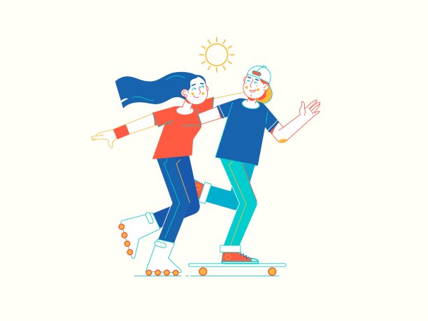 女孩在滑旱冰，男孩在滑板公园素材图片