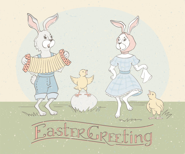 有手写字母的节日贺卡，可爱的复活节兔子随着手风琴跳舞，小鸡唱歌。复活节快乐图片下载