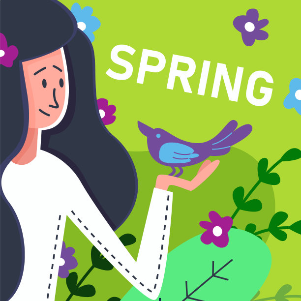 平横幅春天黑发女孩与紫色的鸟图片下载