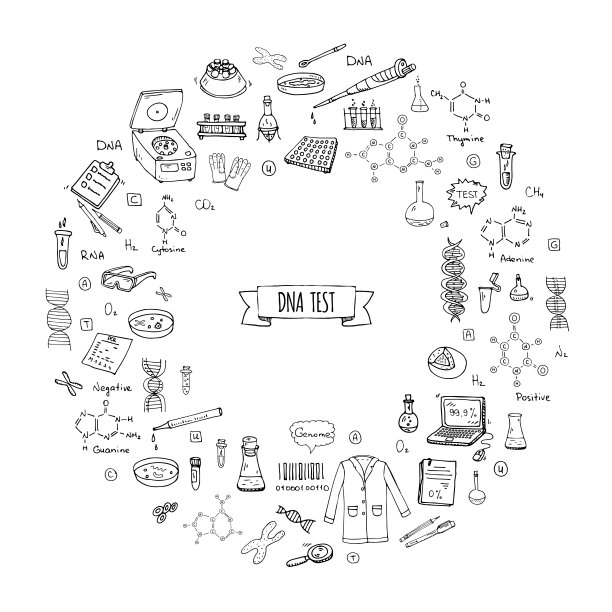 手绘涂鸦DNA测试图标集。矢量插图。医学实验室符号收集。卡通纳米技术、医学、基因组元素:研究工具、物质、分子、氮基图片下载