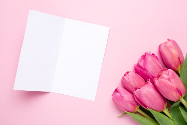 贺卡，粉红色的花，粉红色背景上的郁金香图片下载