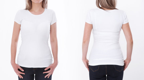 衬衫设计和人的概念-近距离的年轻女子在空白的白色t恤的前面和后面孤立。模拟模板的设计打印图片下载