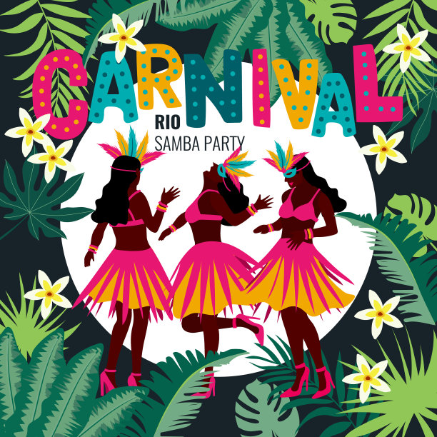 狂欢节卡片或旗帜与排印设计与热带树叶图片下载