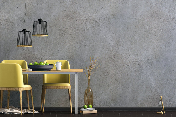 模拟墙在内部与用餐区。客厅现代风格。三维演示图片下载