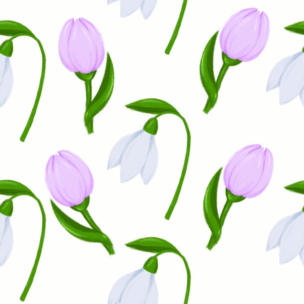 春季无缝图案雪花莲和番红花素描时尚插图，印刷，海报，横幅，笔记本，纺织品。孤立的没有背景。春天的花装饰素材图片