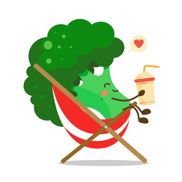 快乐的花椰菜在吊床上休息，手里拿着饮料。矢量插图在卡哇伊风格的白色背景。图片下载