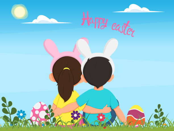 穿着兔子服装的孩子们坐在草地上，中间堆着复活节彩蛋，望着美丽的春天的天空。图片下载