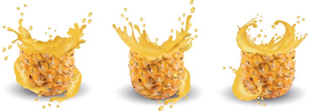 菠萝汁特写。新鲜的菠萝汁。在白色背景上撒上菠萝。矢量图形。图片下载