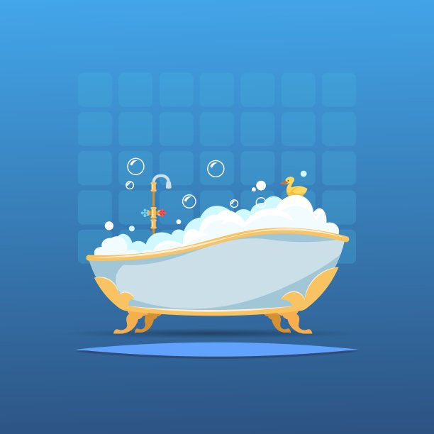卡通浴缸。浴缸泡沫泡沫浴室平面室内淋浴热水可爱洗鸭。带有浴室内部的向量浴室图片下载