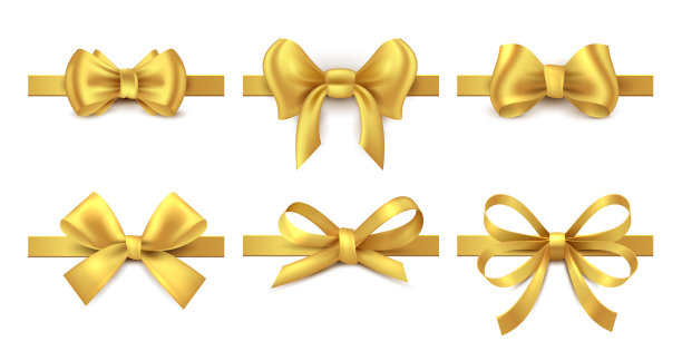 金色的丝带蝴蝶结。节日礼物装饰，情人节礼物带结，闪亮的销售彩带收集。向量黄金弓图片下载