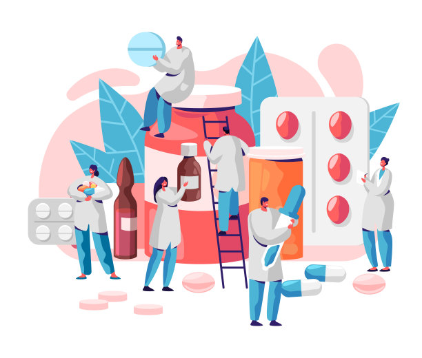 药房经营药品药店性质。药剂师照顾病人。专业医药科学。在线药丸药店信息图背景。平面卡通矢量插图图片下载