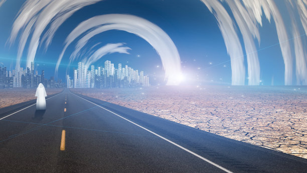 白袍人影走近城市图片下载