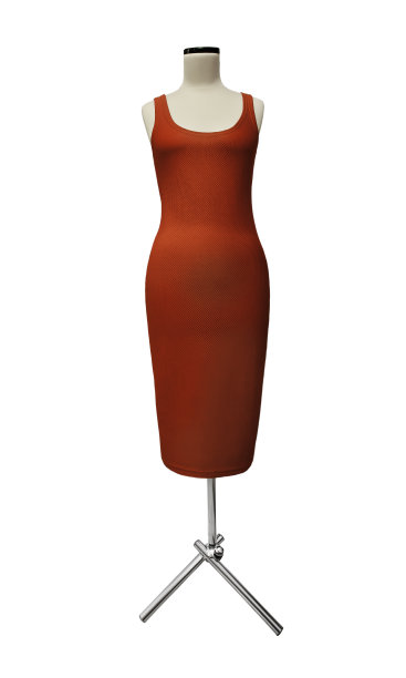 完整生长的人体模型在铬三脚架红色连衣裙孤立在白色图片下载