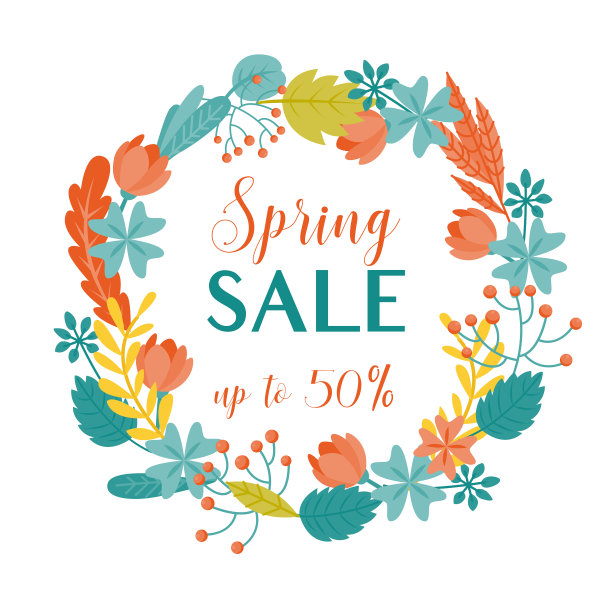 五彩缤纷的春季销售横幅与花卉花环。图片下载