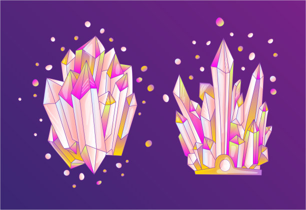 粉色水晶，卡通可爱的矢量石英插图。石英水晶底，粉红色公主纹在紫罗兰的背景。卡通粉色可爱的石英石，可爱的公主插图图片下载