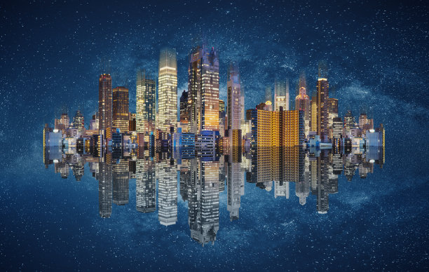 现代建筑技术。抽象的城市景观与反射和星空背景图片下载
