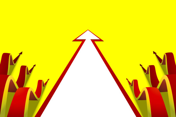 六个波浪状的箭头向前爬行，一些朴素的白色箭头黄色背景图片下载