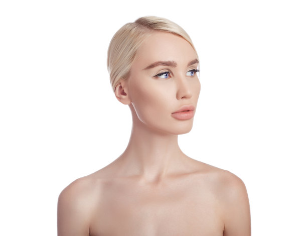 女人完美清洁皮肤的脸和身体。天然化妆品，去皱，抗衰老化妆品，皮肤保湿。白色背景上的金发女孩。痤疮和皮肤刺激的化妆品图片下载