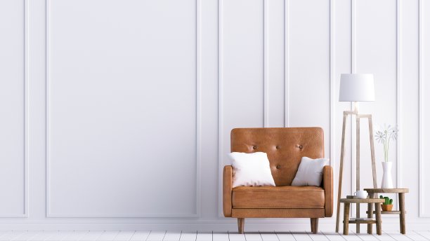 客厅与真皮沙发有枕头，简约质朴，3D渲染素材图片