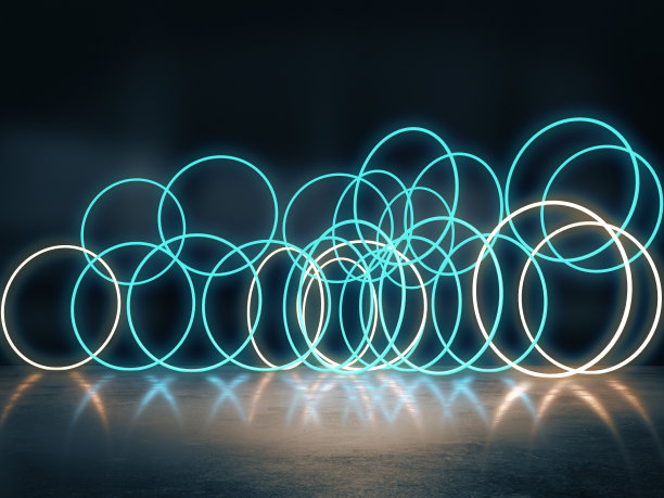 设计平台，灯光辉映的空房间，空空间中的霓虹灯，抽象空间。三维渲染图片下载