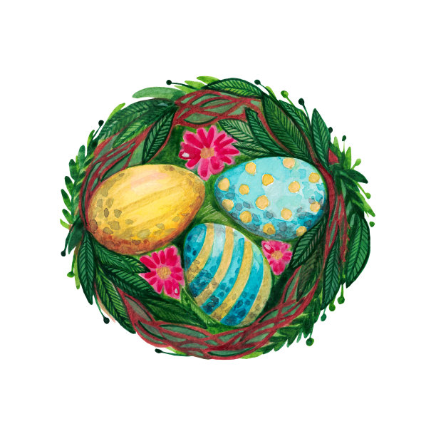 复活节巢用装饰性的鸡蛋、绿叶、花朵装饰。图片下载
