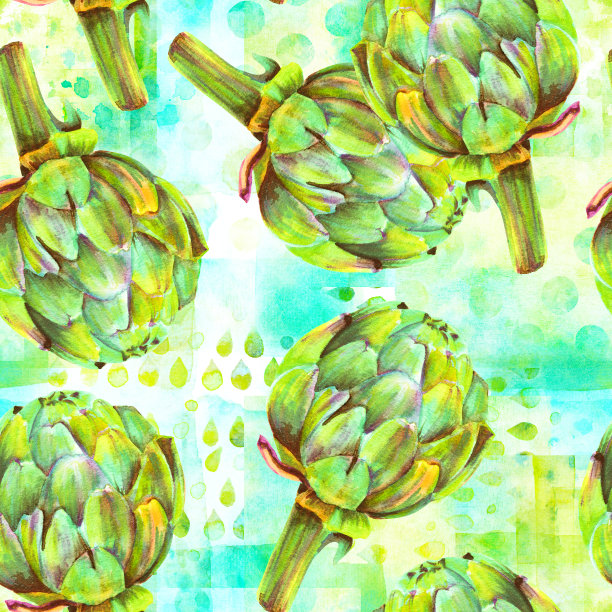 水彩洋蓟的无缝图案在蓝绿色的背景，一个素食主义者重复打印图片下载