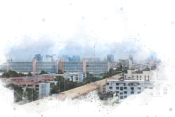 摘要以城市建筑为背景的彩绘水彩插画。图片下载