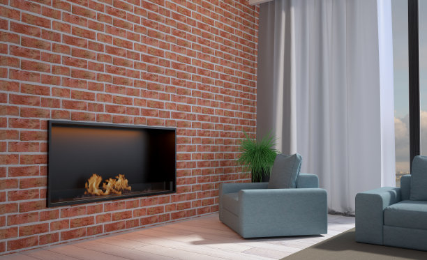 客厅是由红砖砌成的。大壁炉后面的软垫家具。俯瞰群山的全景窗口。三维渲染图片下载