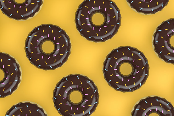 甜甜圈，俯视图，黄色背景，平铺图片下载