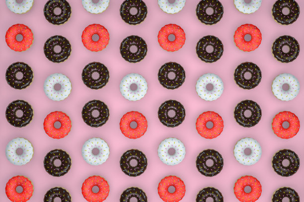 甜甜圈，俯视图，粉色背景，平铺图片下载