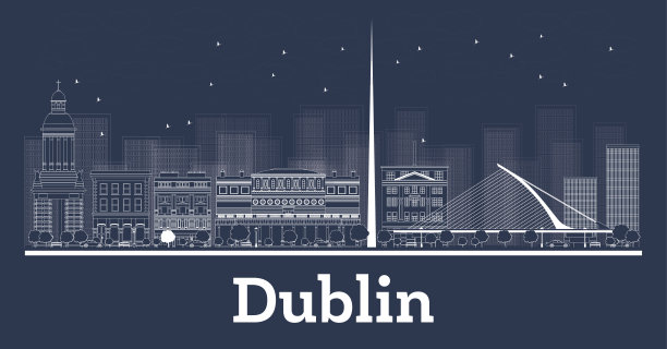 都柏林，爱尔兰城市天际线的轮廓与白色的建筑物。图片下载