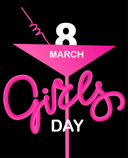 3月8日女孩节，粉色手写字母和一杯鸡尾酒。矢量图图片下载