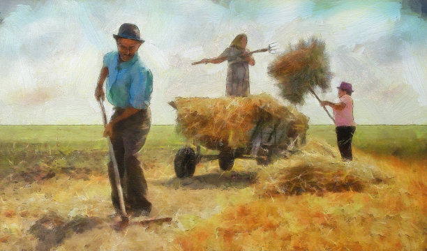 几个上了年纪的农民把干草装到干草车上，这是数字艺术。图片下载