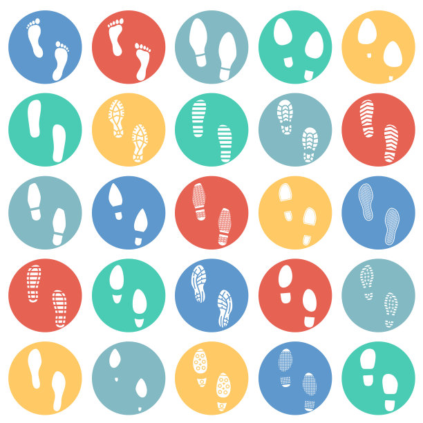 脚印图标设置在彩色圆圈，白色背景的图形和网页设计。简单的矢量信号。网站按钮或手机应用的互联网概念符号。图片下载