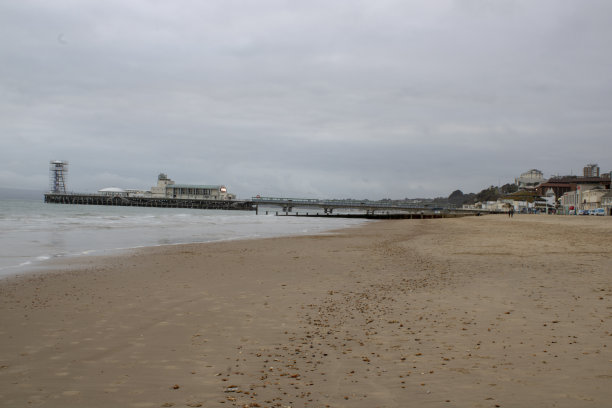 伯恩茅斯美丽海滩的航拍照片，显示著名的伯恩茅斯码头，英国海边小镇在春天拍摄。图片下载