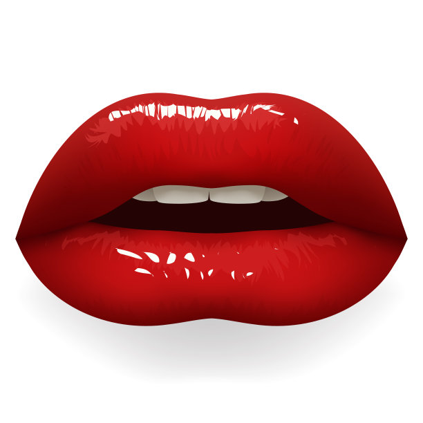 亮红色的口红，嘴唇半张开女性的嘴，牙齿时尚时尚的模型孤立在白色设计矢量插图图片下载