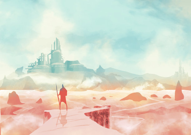 末日景观和后末日小说，一个战士拿着矛从悬崖上看地平线上的城市。科幻小说图片下载