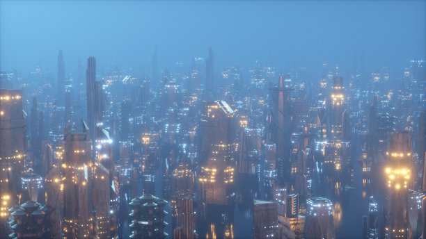 未来城市在夜晚的迷雾中，城市的未来被网格所覆盖，信息传递的三维插画概念图片下载