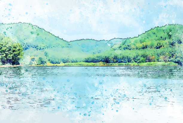 抽象多彩的山川水彩插画背景。图片下载