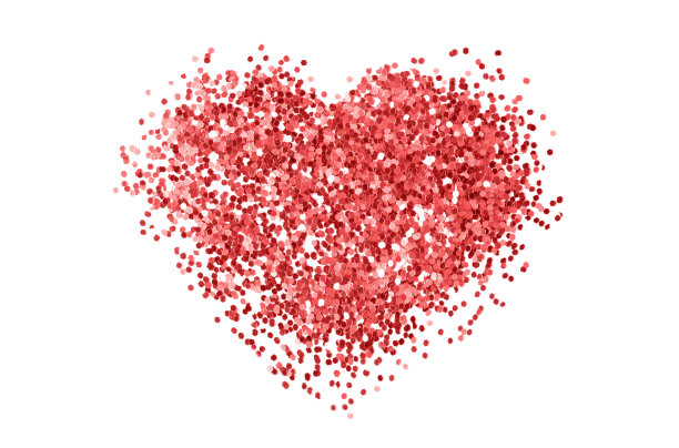红色亮片纹理孤立在白色上。心的形状。抽象的背景。图片下载