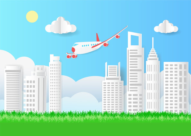 纸艺术的飞机在天空中飞行与云城镇城市景观，插图创意艺术和纸工艺风格。图片下载