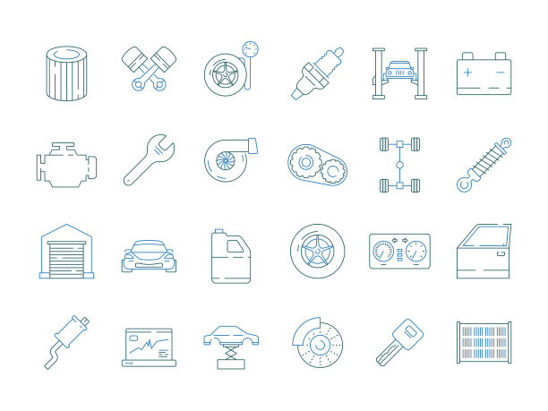 汽车服务公司的象征。汽车工具零件汽车机械细节发动机变速箱矢量细线图标收集图片下载