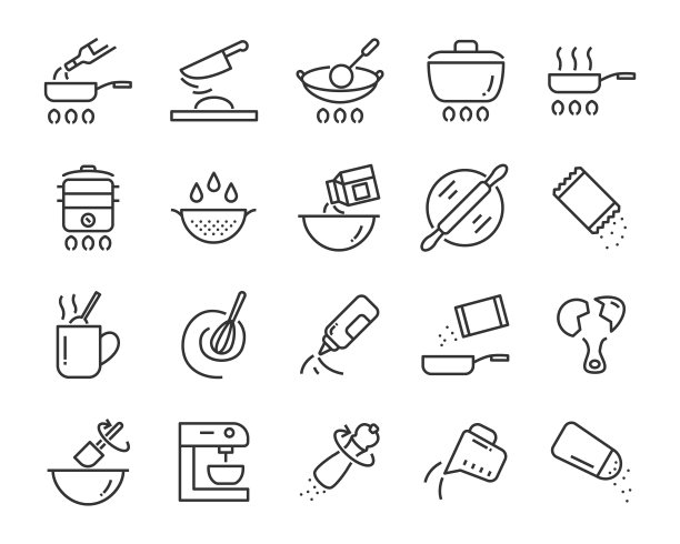 一套厨房工具图标，如刀，盘子，烤箱，平底锅，叉子，碗，搅拌器图片下载