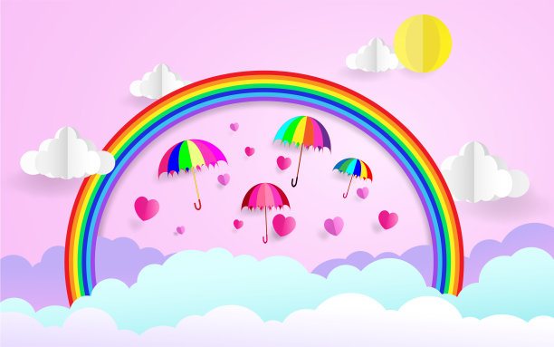 美丽的彩虹在天空与太阳和云彩，彩色伞和心在空中在彩虹，概念使纸折纸的想法。图片下载
