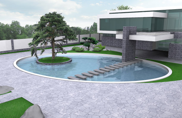 豪华地产园艺插图，3d外部与完整的照明。图片下载