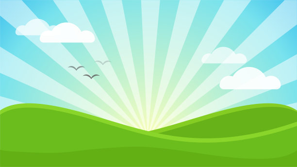 景观卡通。清晨日出，绿油油的草地。素材图片