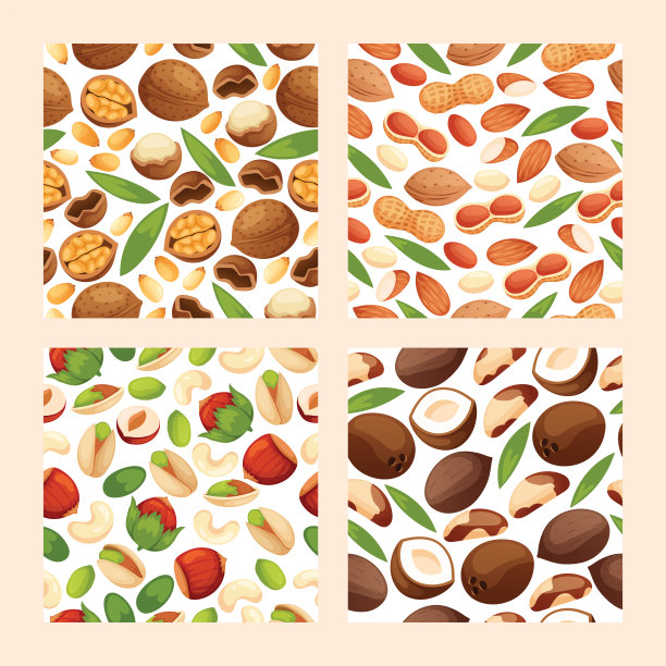 坚果矢量无缝模式果壳榛子或核桃和杏仁坚果背景设置营养与腰果花生和栗子肉豆蔻插图背景素材图片