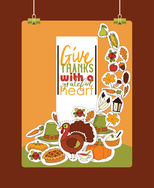 感恩节食物矢量传统火鸡在节日晚餐在秋季背景庆祝贴纸装饰南瓜派背景插图横幅图片下载